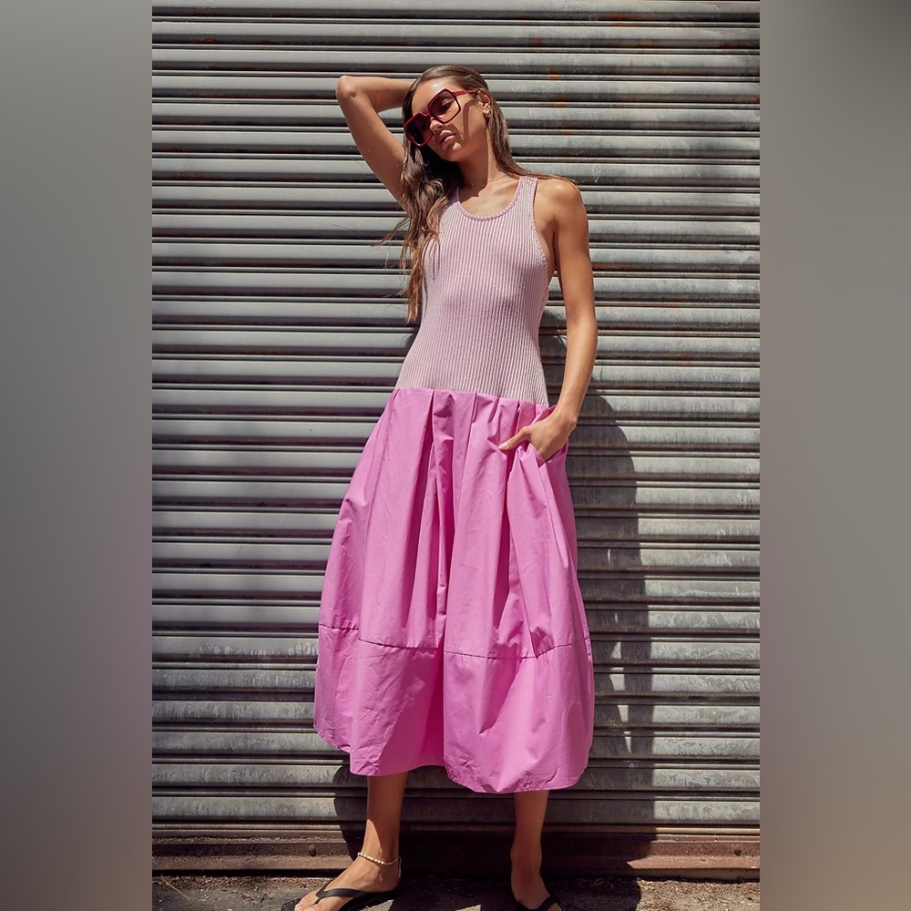Free People Drops Of Venus Ribbed Knit Drop Waist Midi Dress Pink Sz S NEW